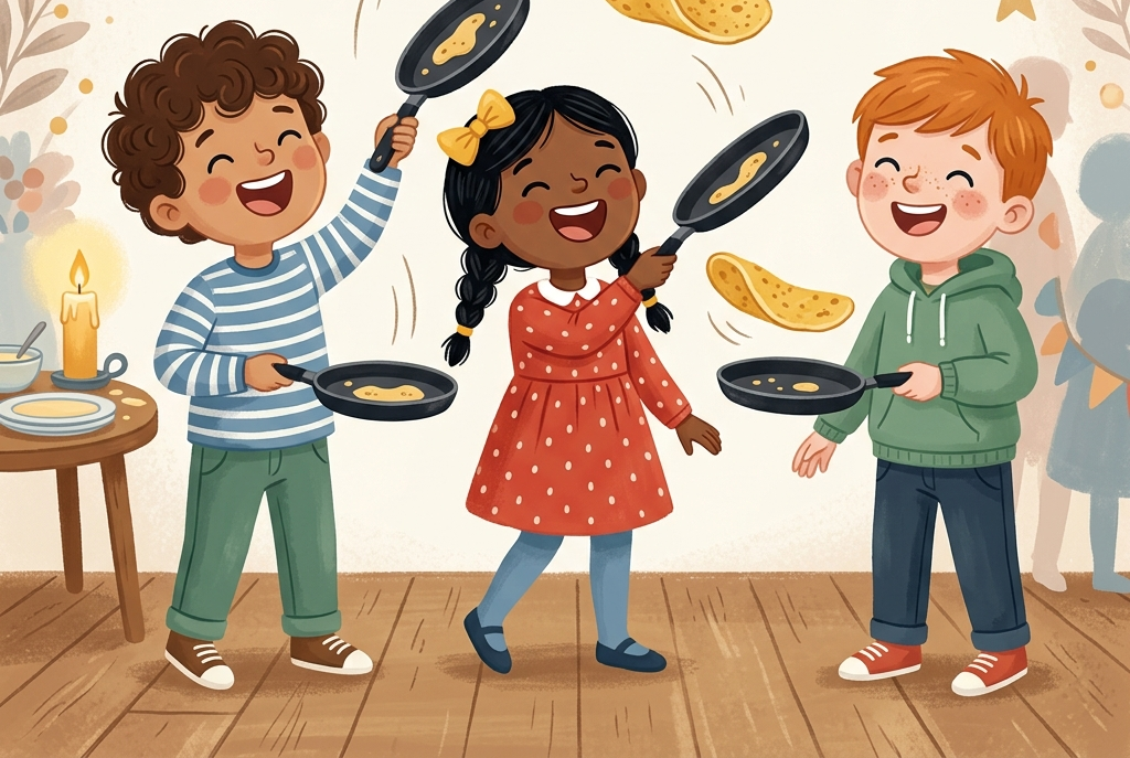 Enfants faisant sauter des crêpes à tour de rôle